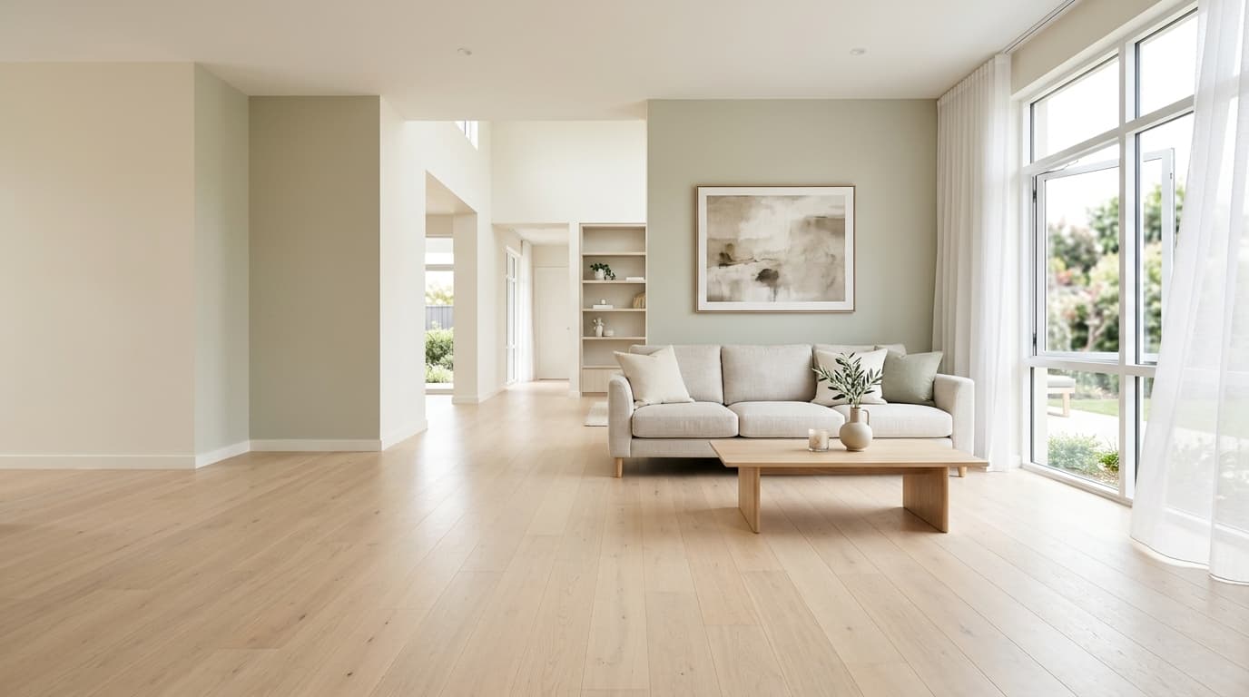 Bright modern living room with light wood floors, cleaned same-day by TidyupCo